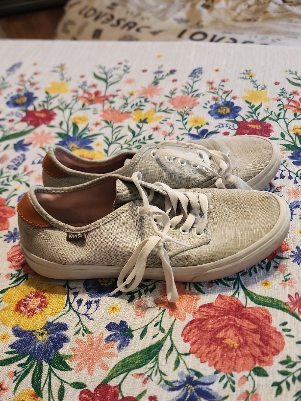 Vans Women's Cream Canvas Lace-Up Sneakers with Tan Heel